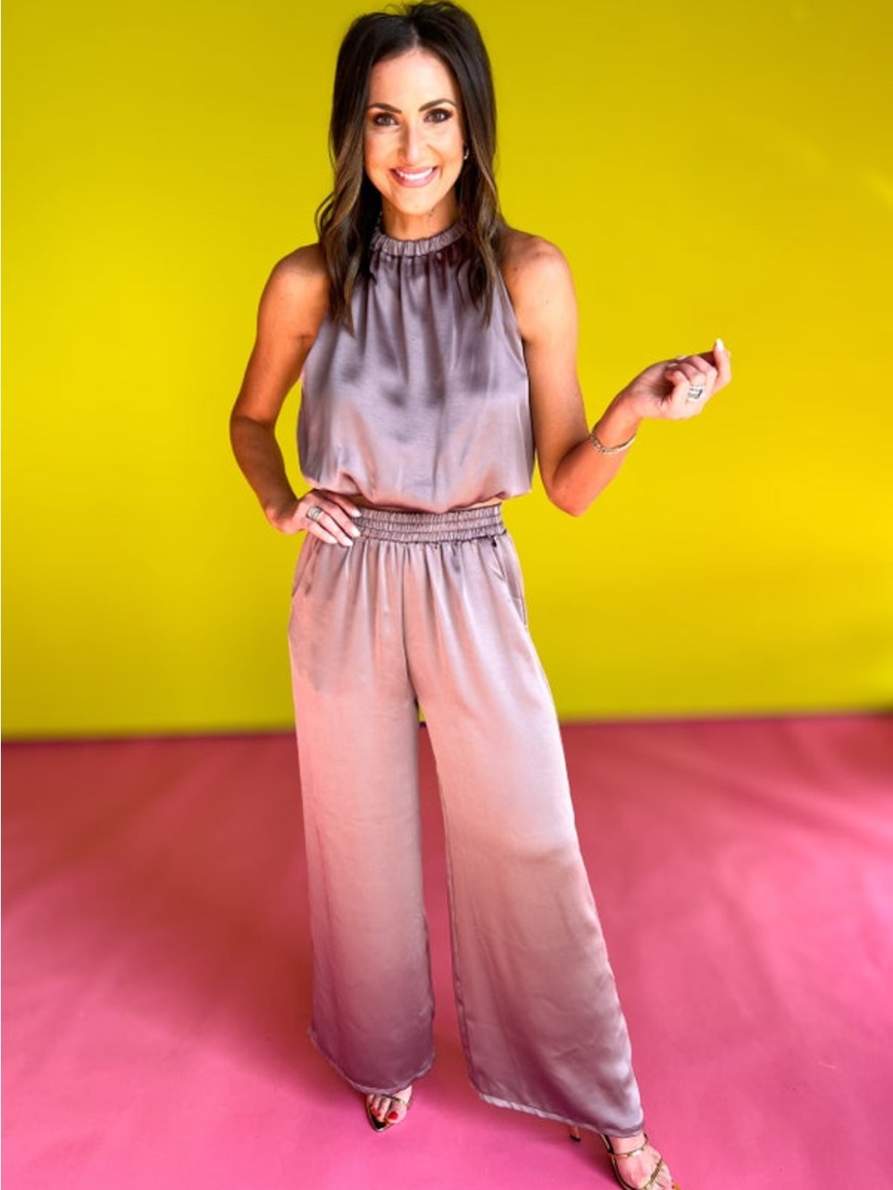 Satin Top and Wide-Leg Pants in Mocha